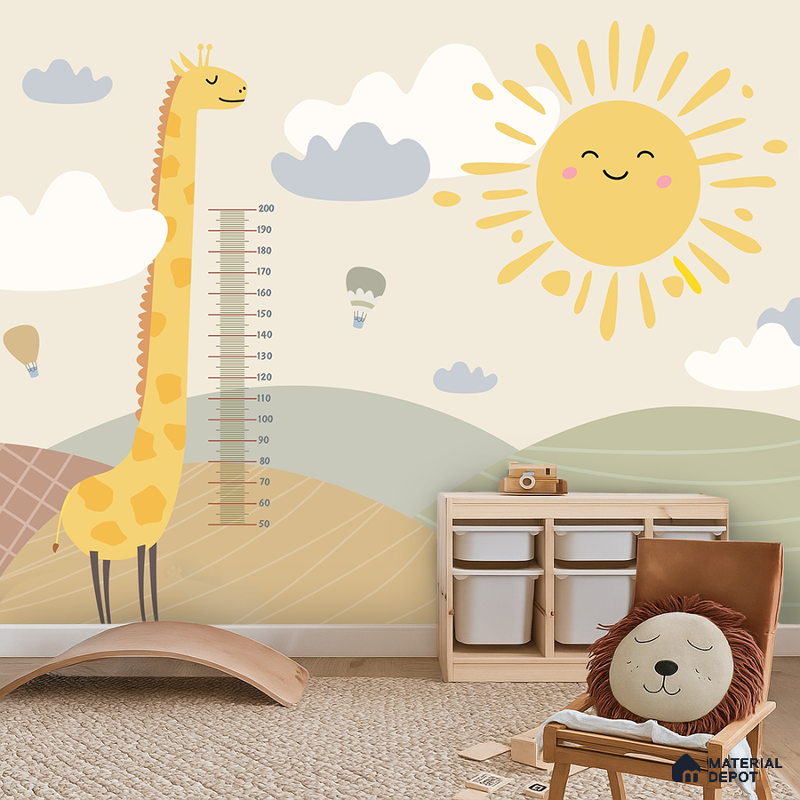 Scandinavian kids room with animal-themed wallpaper and light wood storage in Bengaluru