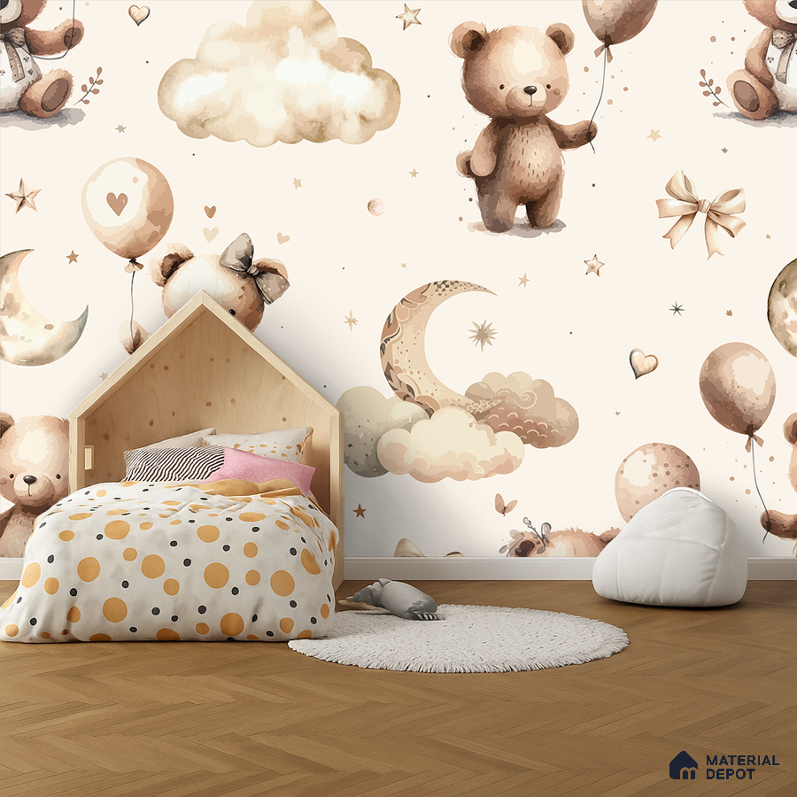 Scandinavian kids room with bear-themed wallpaper and light wood flooring in Bengaluru
