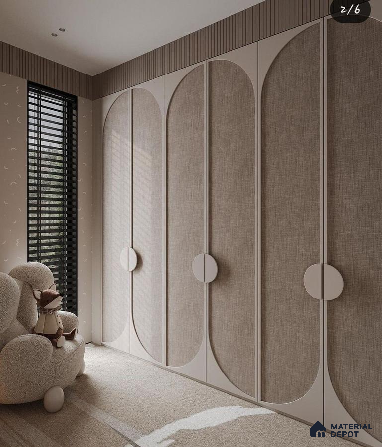 Scandinavian kids room with fabric textured wardrobe panels and beige carpet flooring | Material Depot
