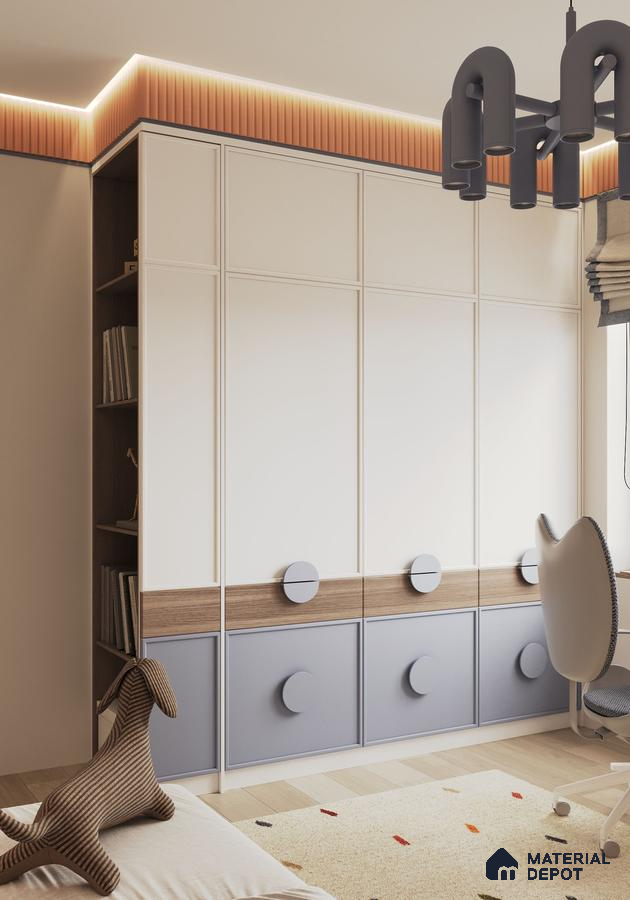 Scandinavian kids room with frosty white and pastel blue laminate wardrobe, oak wood accents, and fluted ceiling panel | Material Depot