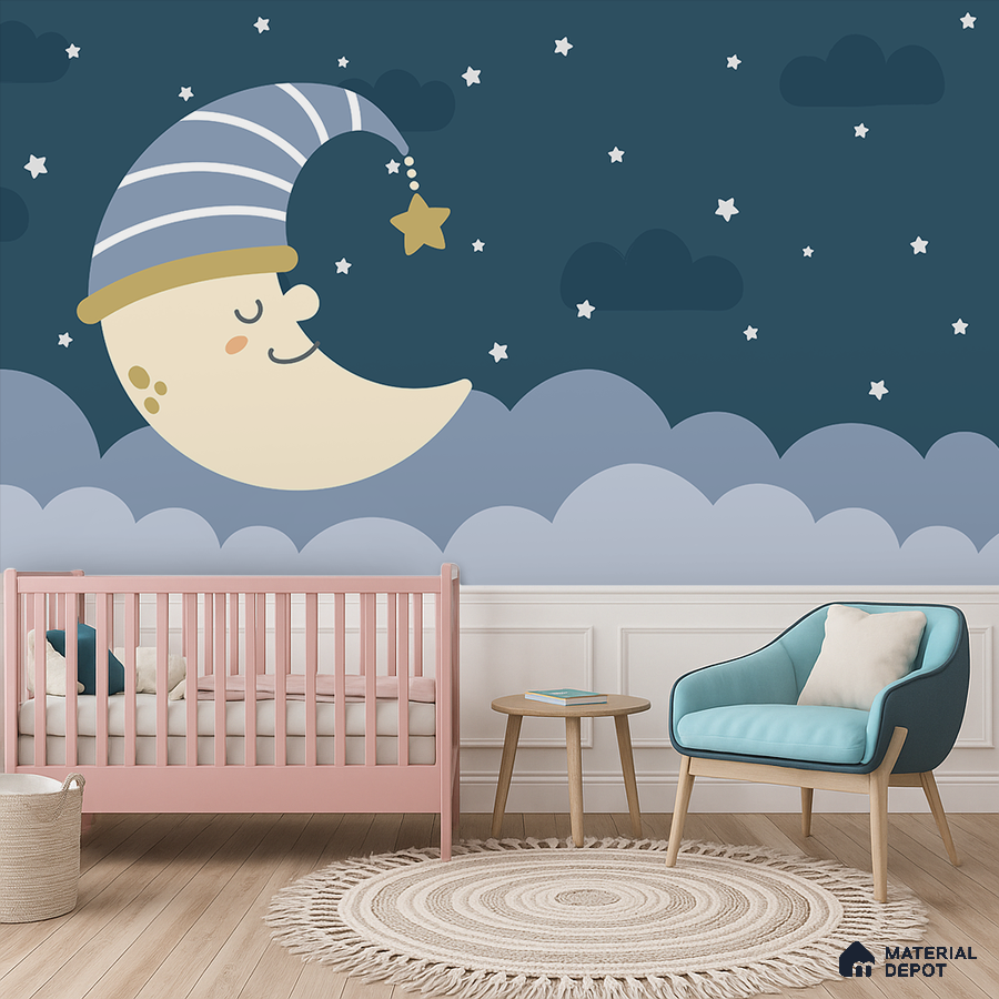 Scandinavian kids room with moon and stars wallpaper, pastel pink crib, and light wood flooring in Bengaluru