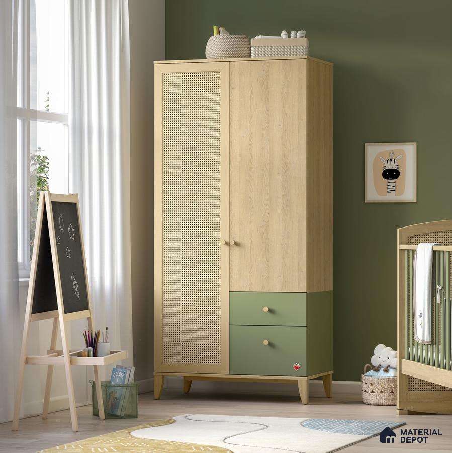 Scandinavian kids room with natural oak wood wardrobe, sage green laminate drawers, and cane panel | Material Depot