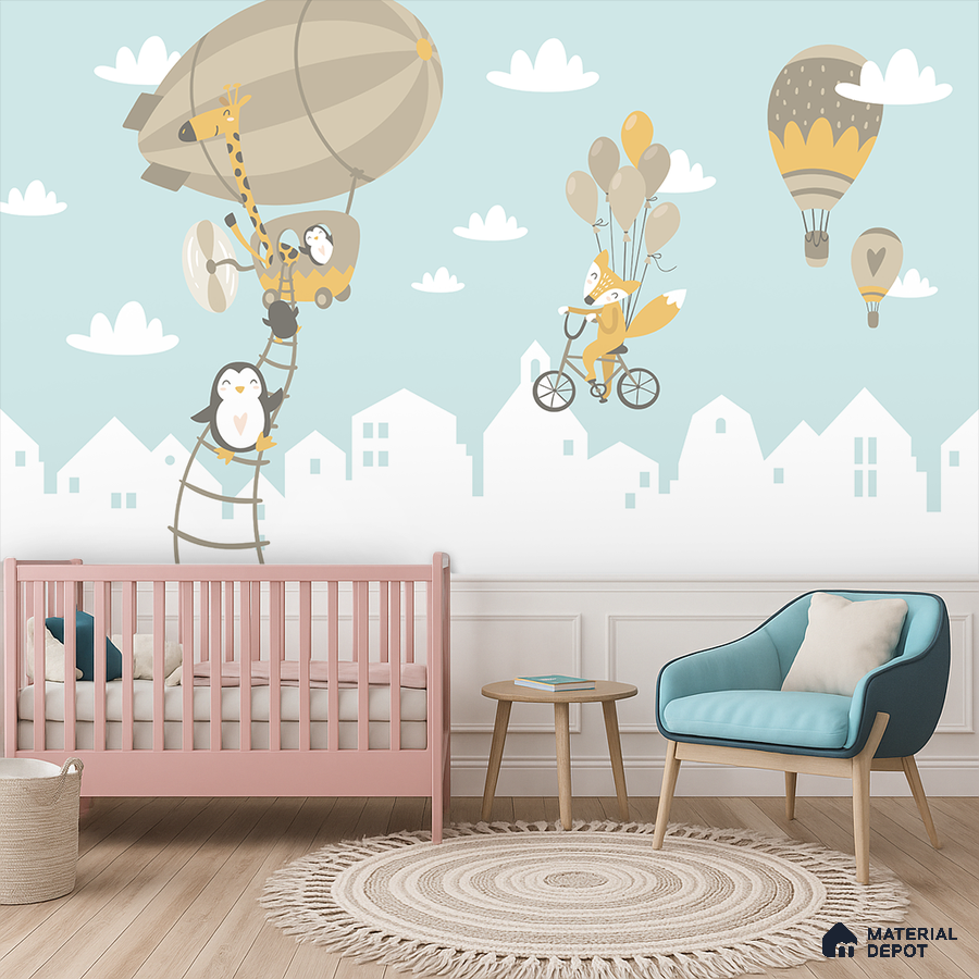 Scandinavian kids room with pastel animal print wallpaper, pink crib, and light wood furniture in Bengaluru