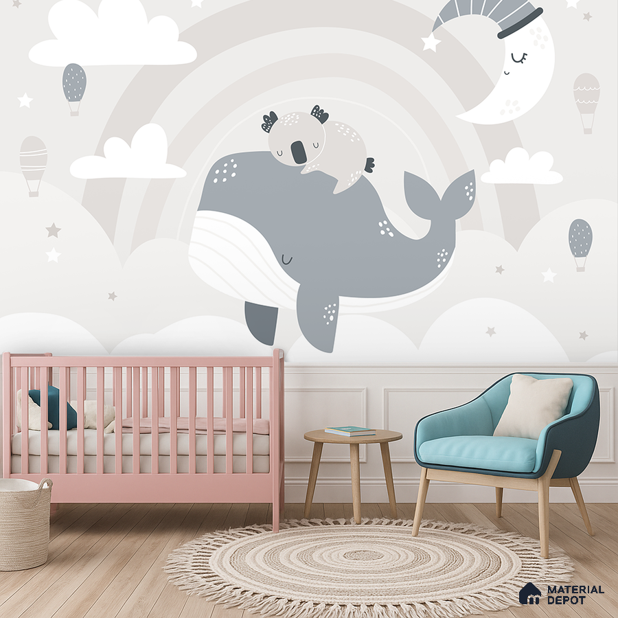 Scandinavian kids room with pastel animal wallpaper, pink crib, and light wood flooring in Bengaluru