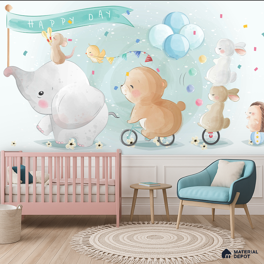 Scandinavian kids room with pastel animal-themed wallpaper and light wood flooring in Bengaluru