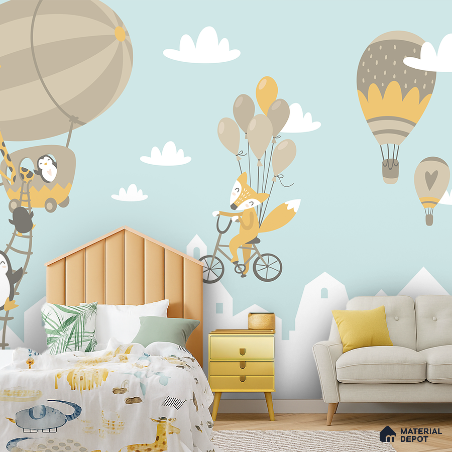Scandinavian kids room with pastel animal-themed wallpaper and light wood flooring in Bengaluru