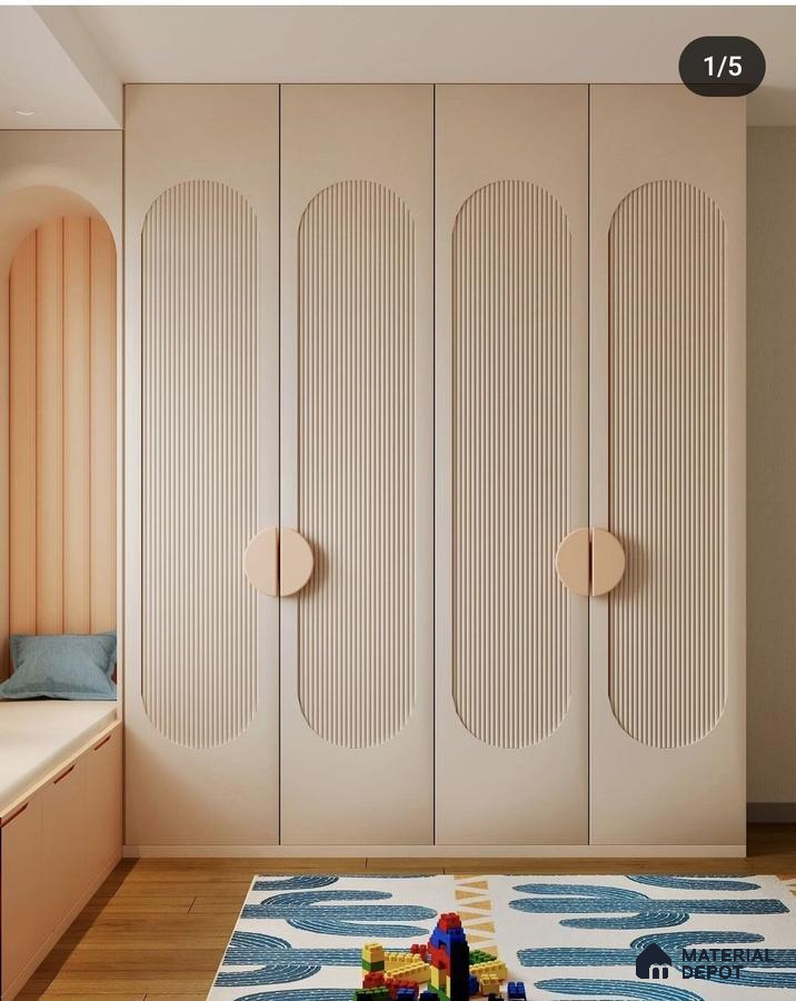 Scandinavian kids room with pastel beige fluted laminate wardrobe and wooden flooring | Material Depot