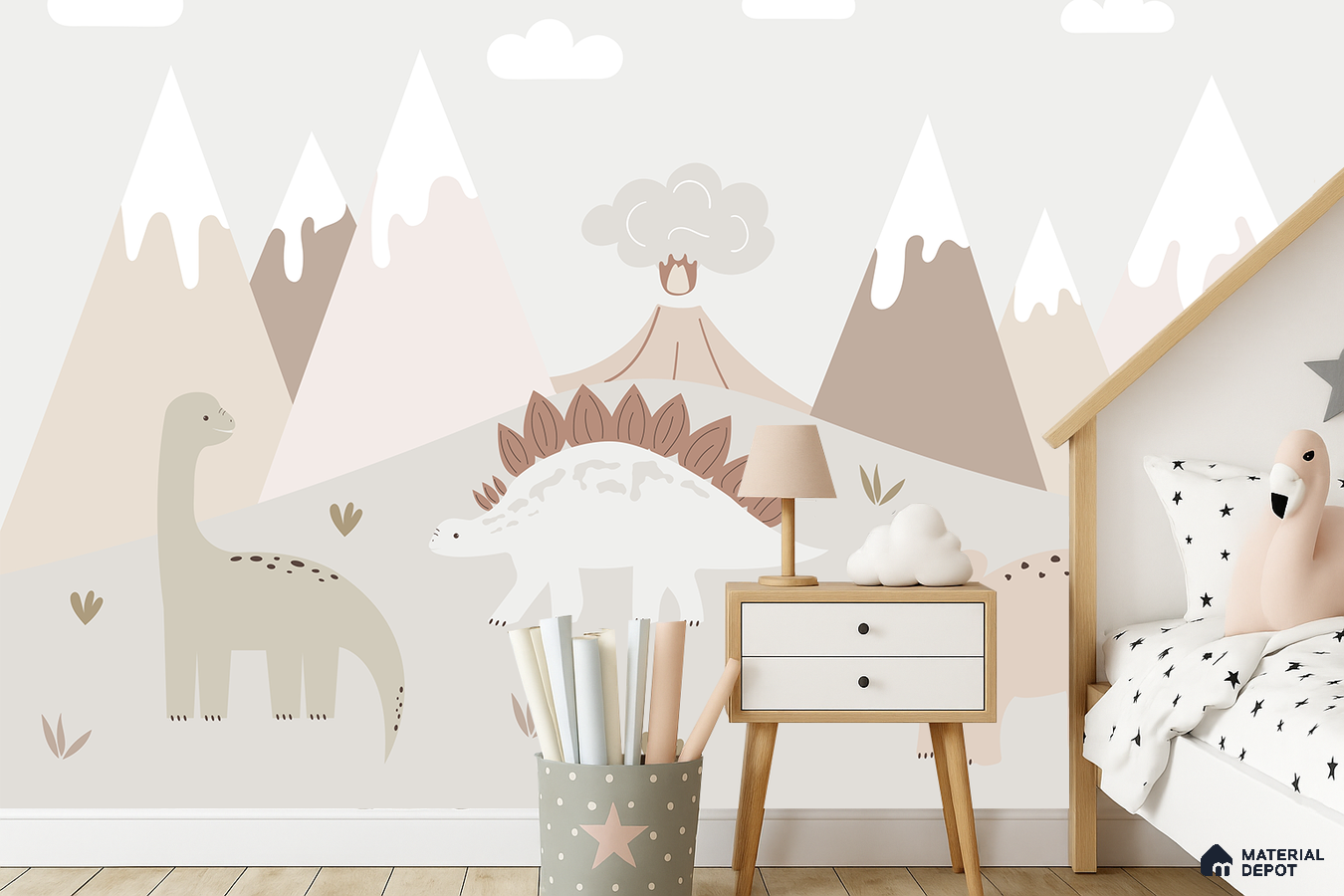 Scandinavian kids room with pastel dinosaur patterned wallpaper and light wood flooring in Bengaluru