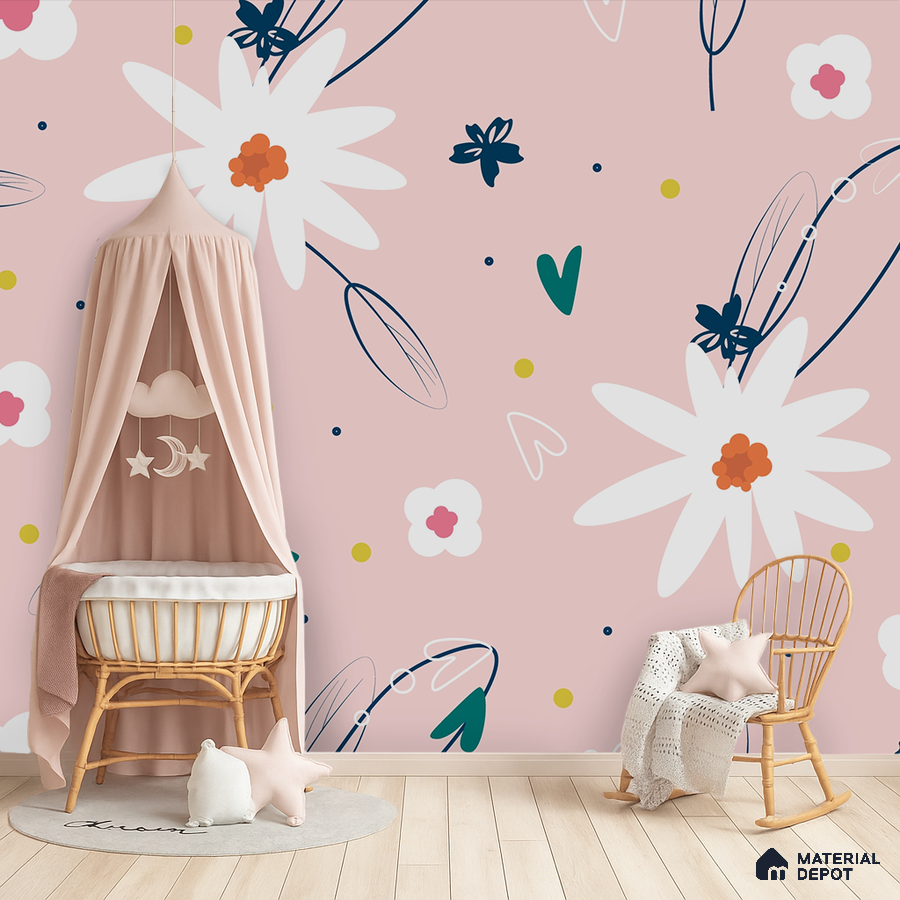 Scandinavian kids room with pastel floral wallpaper and light wood flooring in Bengaluru