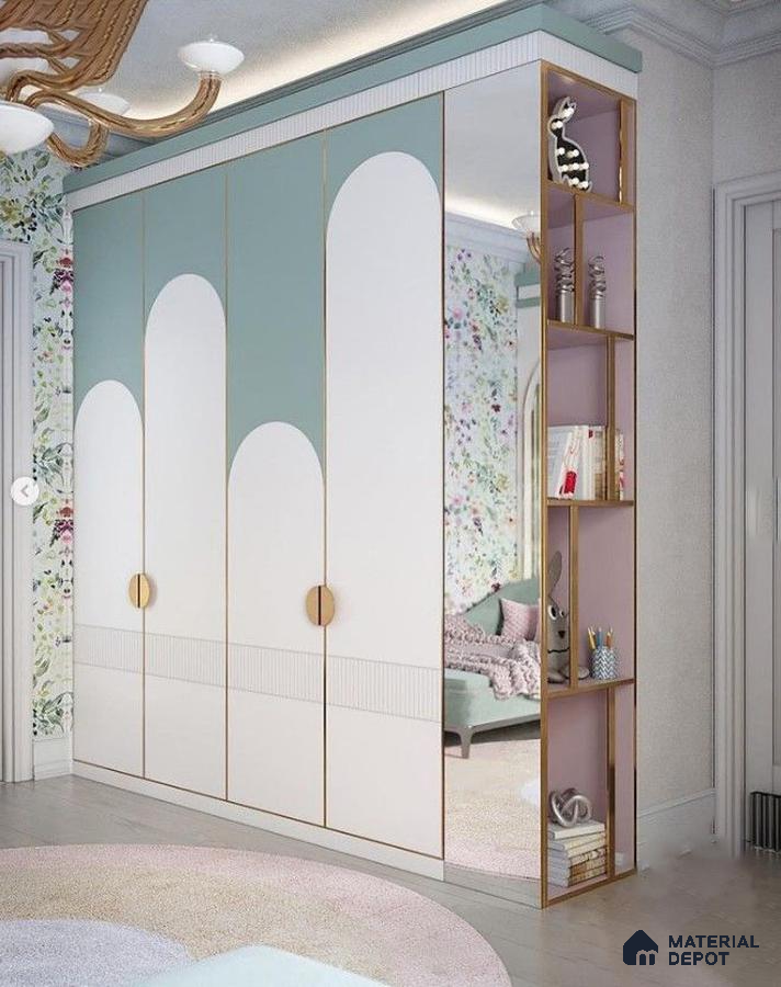 Scandinavian kids room with pastel green and white laminate wardrobe, floral wallpaper, and open shelving | Material Depot