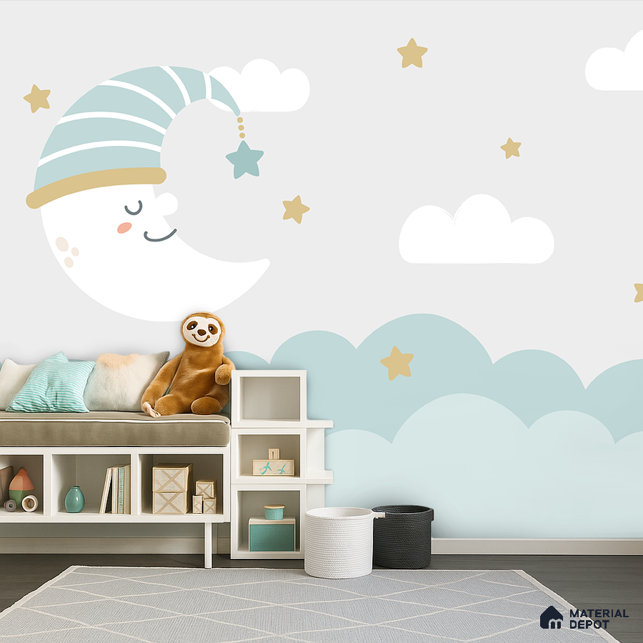 Scandinavian kids room with pastel moon and stars wallpaper and white modular storage in Bengaluru