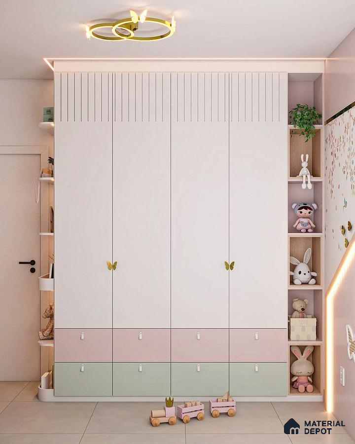 Scandinavian kids room with pastel pink and green laminate wardrobe and fluted detailing | Material Depot