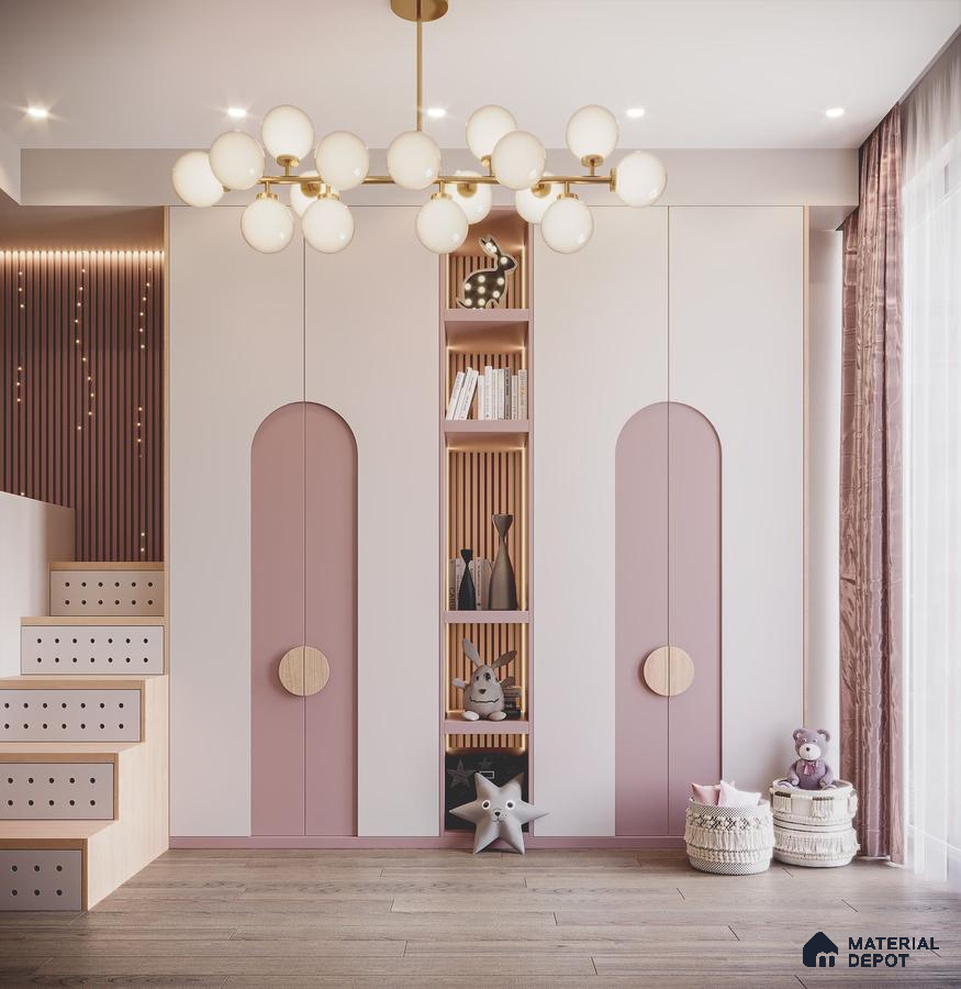 Scandinavian kids room with pastel pink and white laminate wardrobe, wood louver accents, and light oak wooden flooring | Material Depot