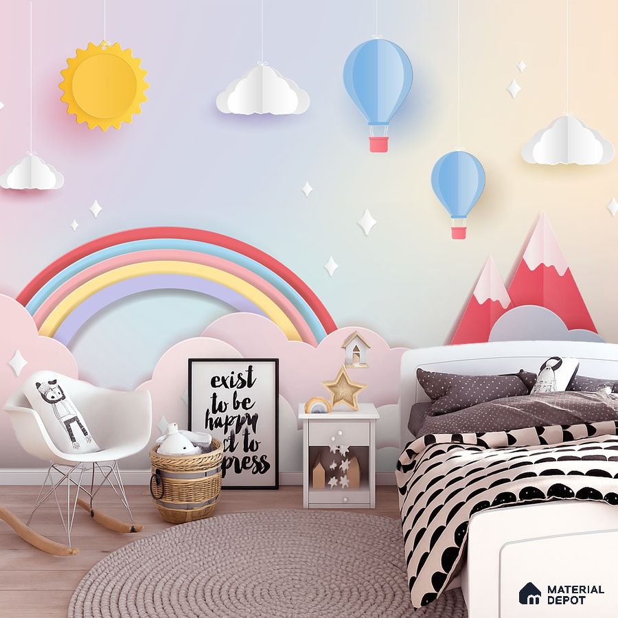Scandinavian kids room with pastel rainbow and hot air balloon wallpaper and white furniture in Bengaluru