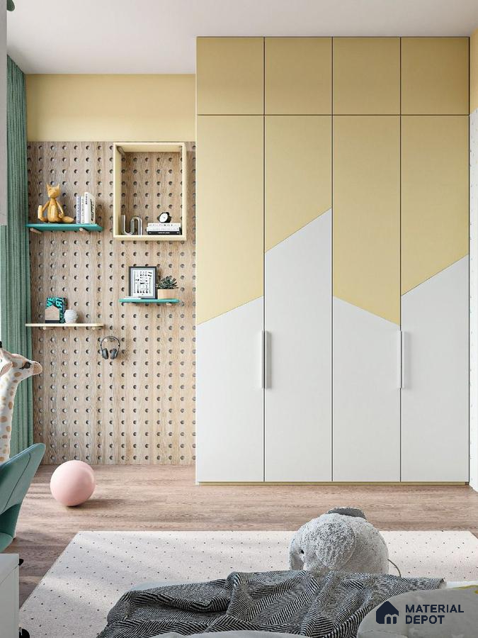 Scandinavian kids room with pastel yellow and white geometric laminate wardrobe and pegboard wall panel | Material Depot
