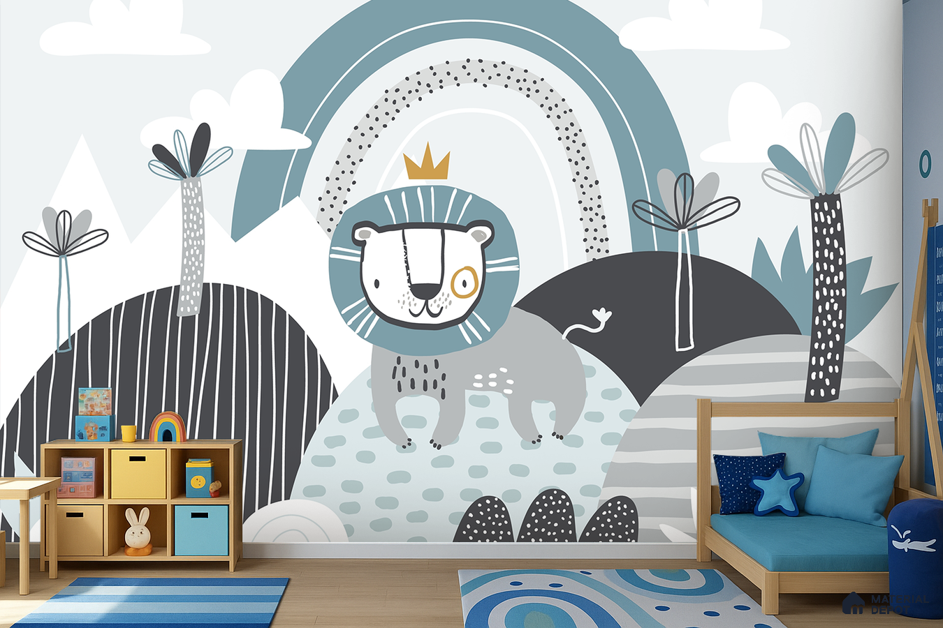 Scandinavian kids room with playful animal-themed wallpaper and light wood furniture in Bengaluru