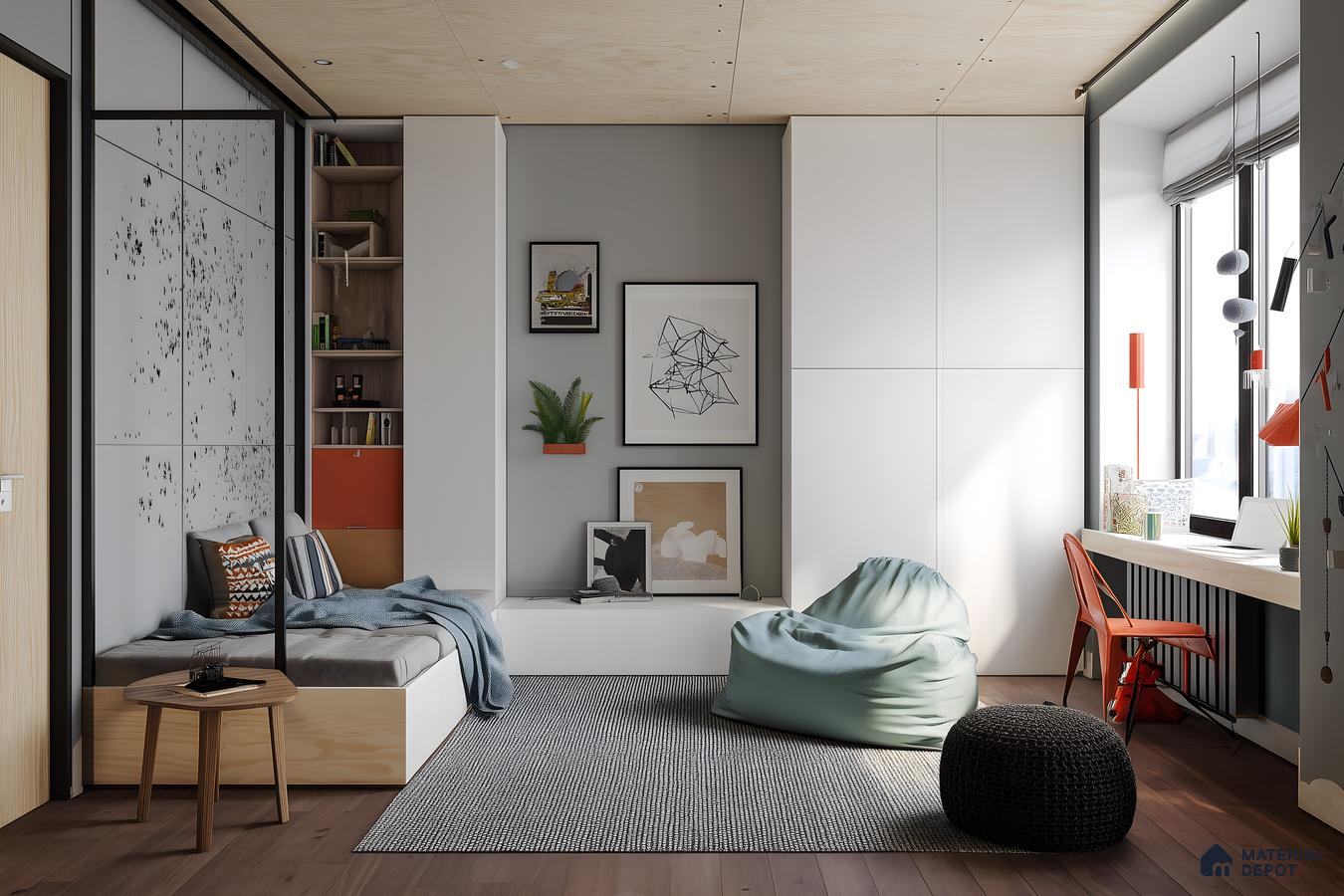 Scandinavian Kids Room With Plywood Ceiling White Laminates & Cosy Study Nook 58940Df245 | Material Depot