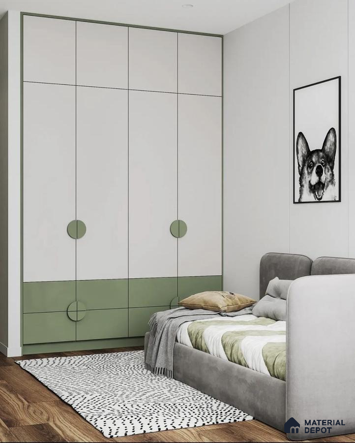 Scandinavian kids room with sage green and white laminate wardrobe, grey suede bed, and wooden flooring | Material Depot