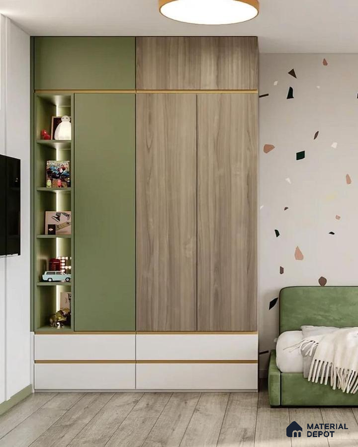 Scandinavian kids room with sage green and wood laminate wardrobe, terrazzo accent wall, and light wood flooring | Material Depot