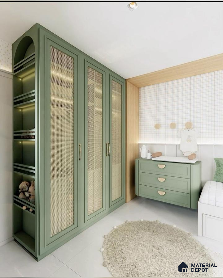 Scandinavian kids room with sage green wardrobe, cane shutters, and light wood accents | Material Depot