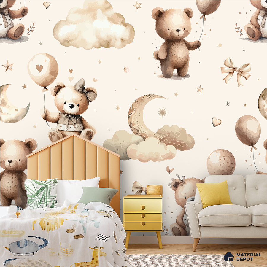 Scandinavian kids room with teddy bear patterned wallpaper and pastel yellow furniture in Bengaluru
