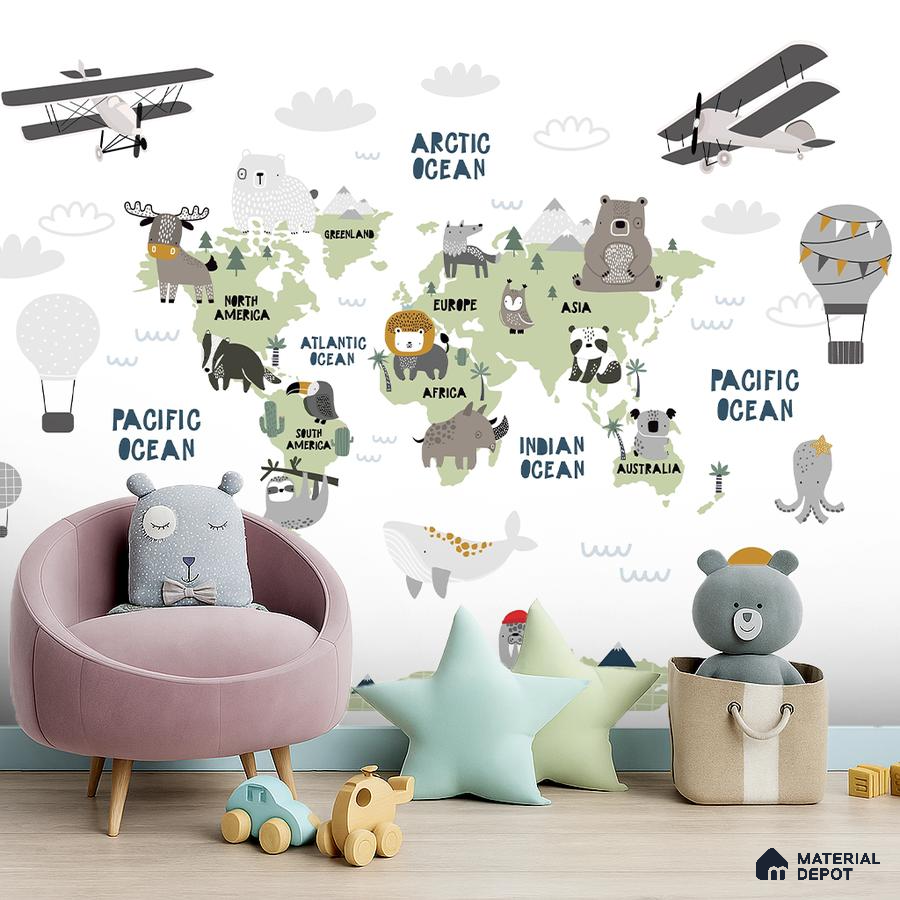 Scandinavian kids room with world map animal wallpaper and pastel decor in Bengaluru