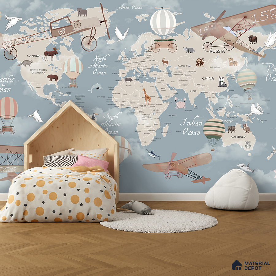 Scandinavian kids room with world map wallpaper and light wood flooring in Bengaluru