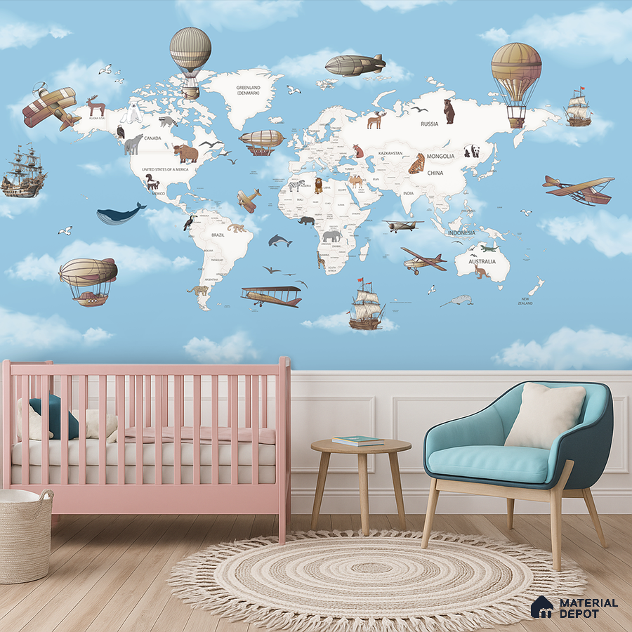 Scandinavian kids room with world map wallpaper, pastel pink crib, and light wood flooring in Bengaluru