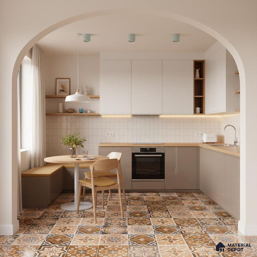 Scandinavian kitchen with beige laminate cabinets, white square tile backsplash, and patterned moroccan floor tiles in Bengaluru