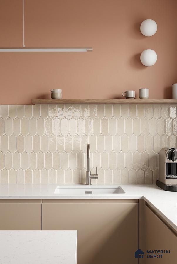 Scandinavian kitchen with beige scallop wall tiles, matte taupe laminate cabinets, and white quartz countertop