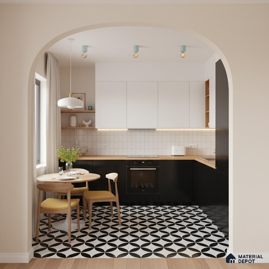 Scandinavian kitchen with black and white geometric floor tiles, white and black laminate cabinets, and wood countertop in Bengaluru