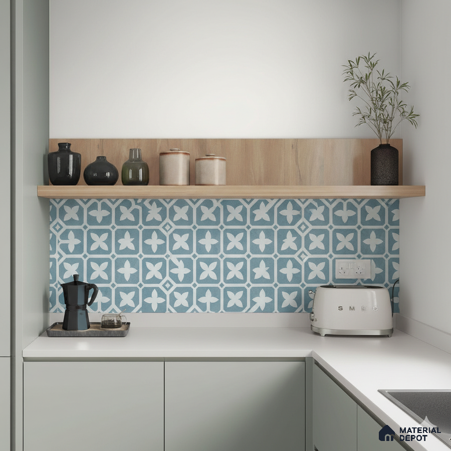 Scandinavian kitchen with blue geometric patterned backsplash tile and white quartz countertop in Bengaluru