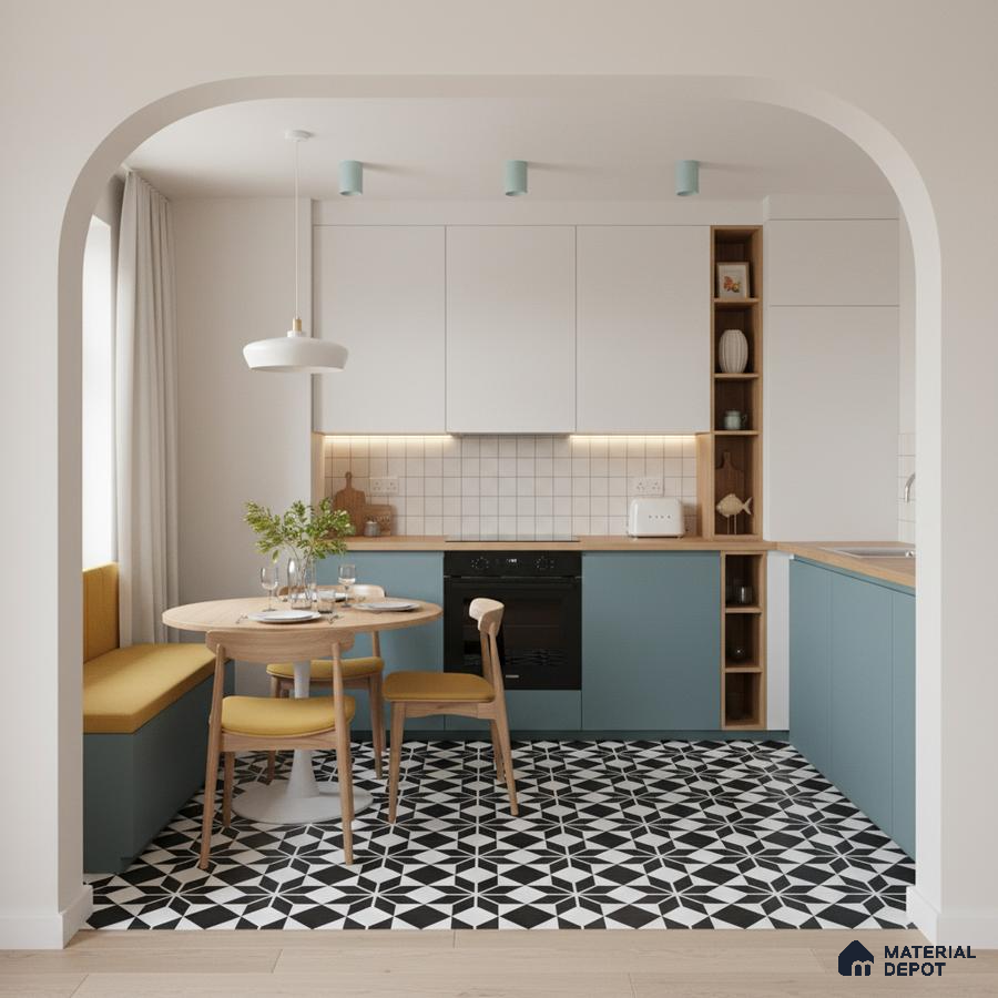 Scandinavian kitchen with blue laminate cabinets, white solid laminate, and black-and-white geometric floor tiles in Bengaluru