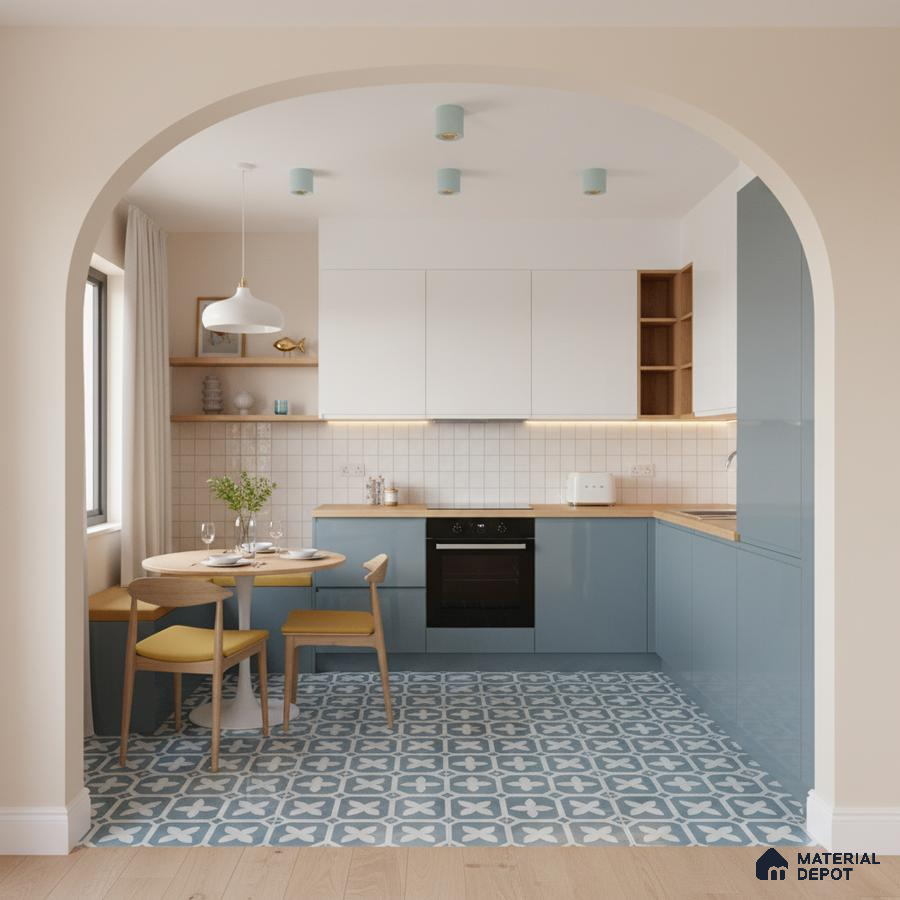 Scandinavian kitchen with blue laminate cabinets, white solid laminate, and patterned blue floor tiles in Bengaluru