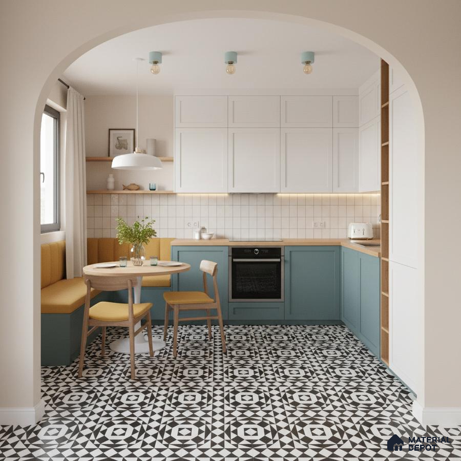 Scandinavian kitchen with blue laminate cabinets, white subway backsplash tile, and black-and-white geometric patterned floor tiles in Bengaluru