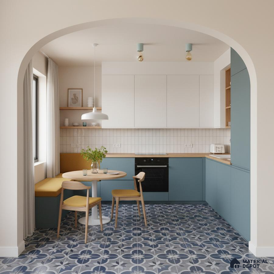 Scandinavian kitchen with blue laminate cabinets, white subway backsplash tile, and blue patterned floor tiles in Bengaluru