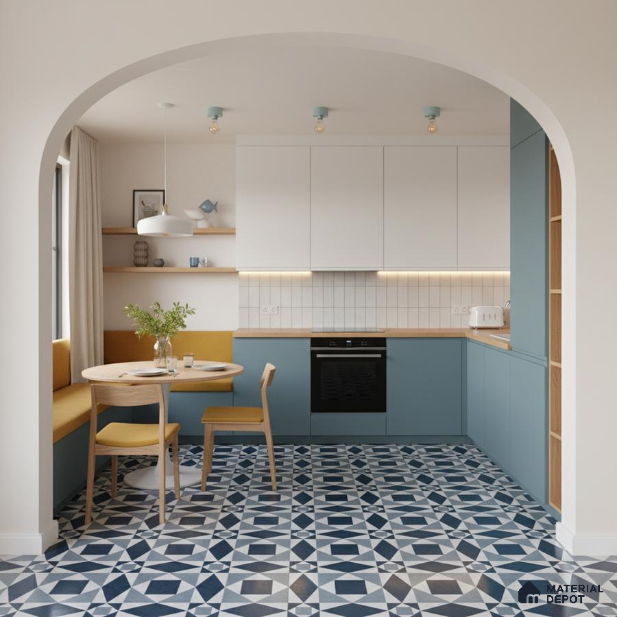 Scandinavian kitchen with blue laminate cabinets, white subway backsplash tile, and geometric patterned floor tiles in Bengaluru