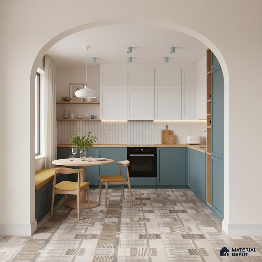 Scandinavian kitchen with blue laminate cabinets, white subway backsplash tile, and patterned beige floor tiles in Bengaluru