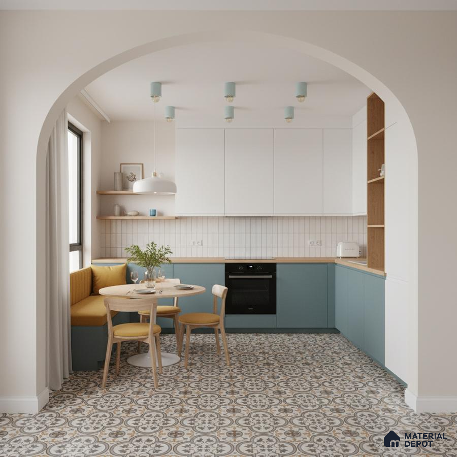 Scandinavian kitchen with blue laminate cabinets, white subway tile backsplash, and patterned moroccan floor tiles in Bengaluru