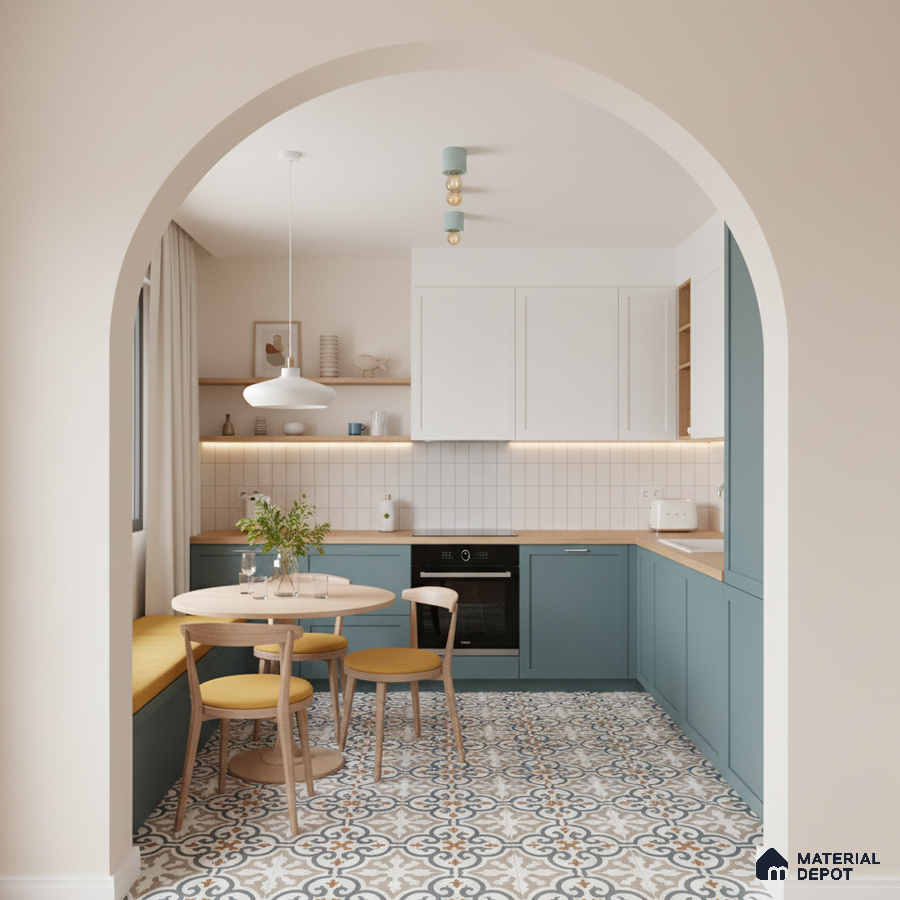 Scandinavian kitchen with blue laminate cabinets, white tile backsplash, and patterned floor tiles in Bengaluru