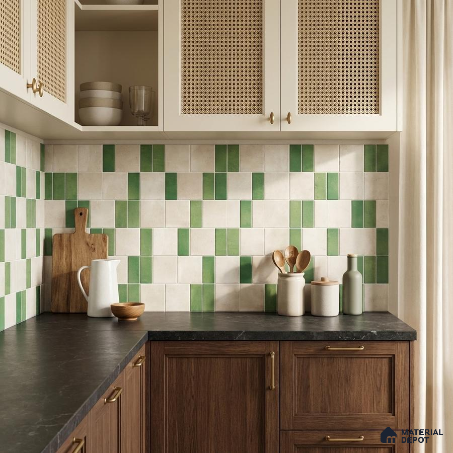 Scandinavian kitchen with green and cream geometric backsplash tile and walnut wood laminate cabinets