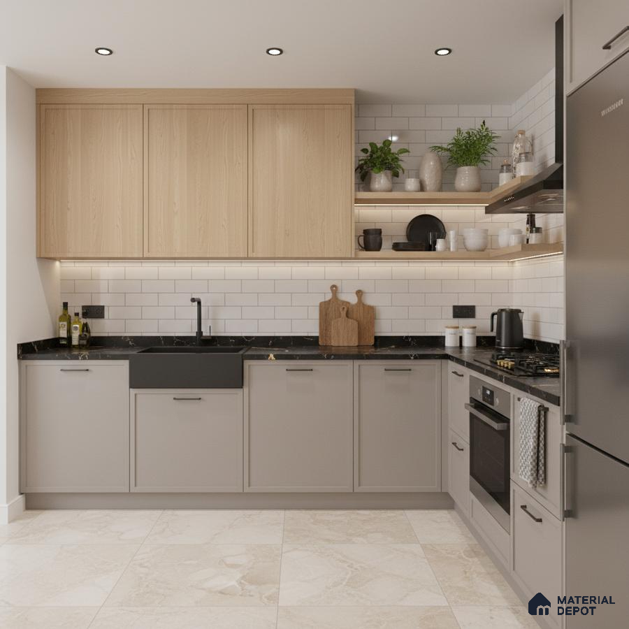 Scandinavian kitchen with light oak laminate, beige base cabinets, black marble countertop, and white subway tile backsplash in Bengaluru