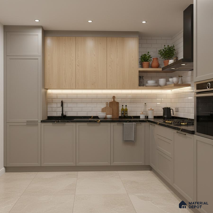 Scandinavian kitchen with light oak laminate, beige cabinets, and white subway tile backsplash in Bengaluru