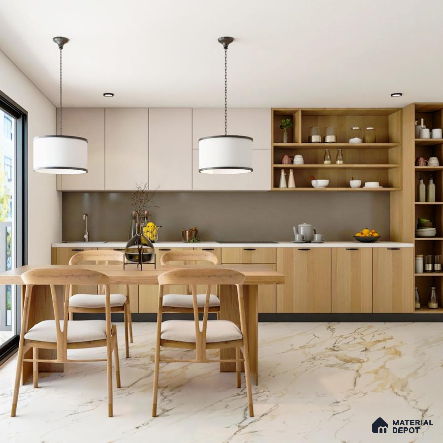 Scandinavian kitchen with light oak laminate cabinets and marble-look floor tiles in Bengaluru | Material Depot
