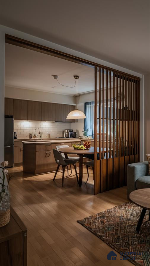 Scandinavian kitchen with light oak laminate cabinets, subway tile backsplash, and wooden louver partition in Bengaluru | Material Depot