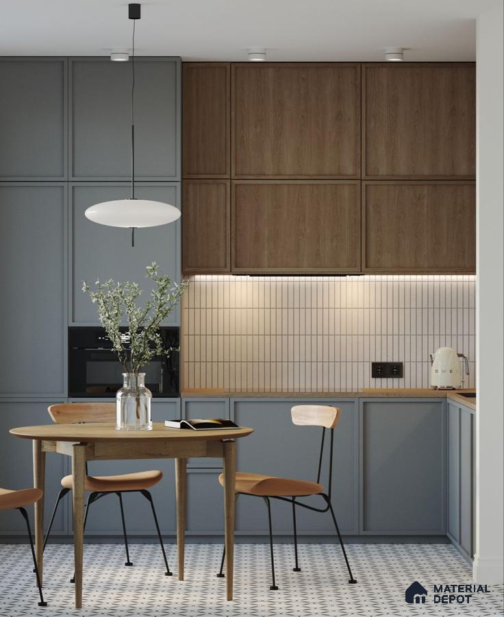 Scandinavian kitchen with light oak laminate, pastel blue laminate, and geometric patterned floor tile in Bengaluru | Material Depot