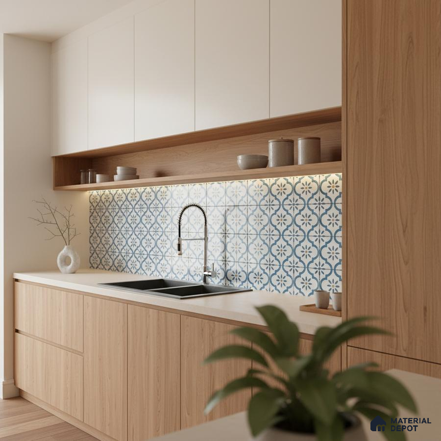 Scandinavian kitchen with light oak laminate, white solid laminate, and blue patterned backsplash tiles in Bengaluru