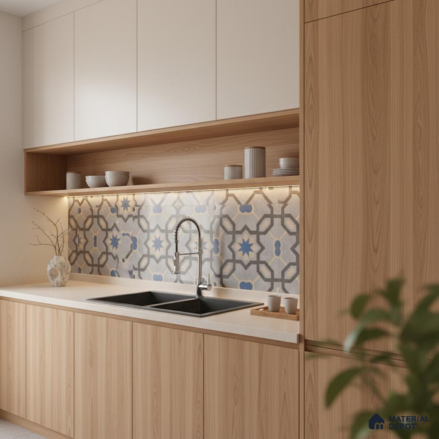 Scandinavian kitchen with light oak laminate, white solid laminate, and blue-grey patterned moroccan backsplash tile in Bengaluru