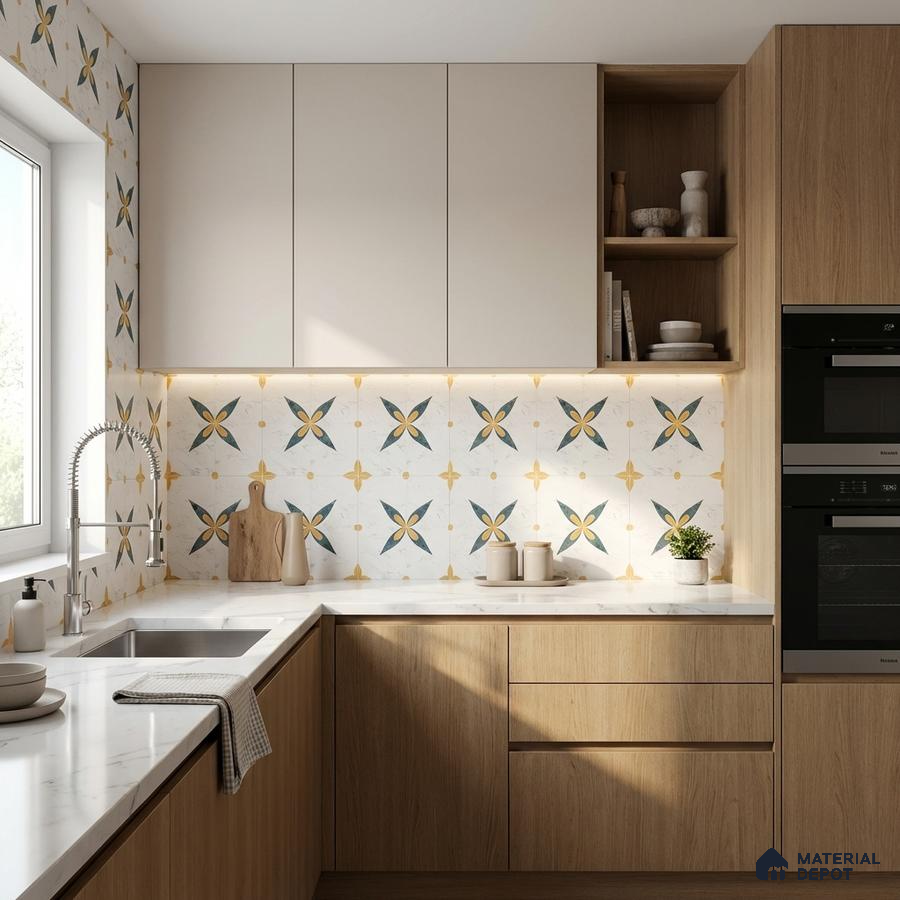 Scandinavian kitchen with light oak laminate, white solid laminate, and patterned geometric backsplash tiles