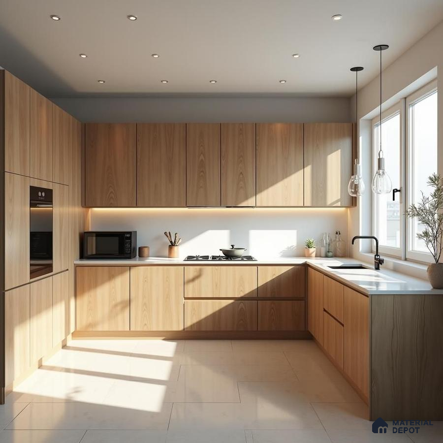Scandinavian kitchen with light oak wood laminate cabinets and white quartz countertop in Bengaluru | Material Depot